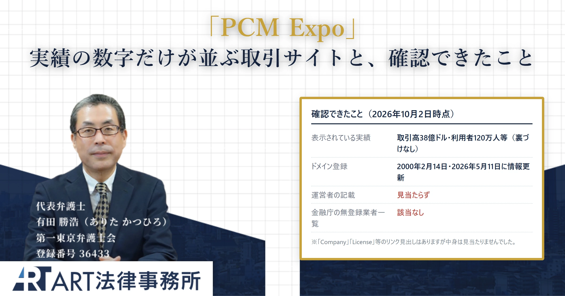 PCM Expo（pcmexpo.com）｜ART法律事務所 の調査記録